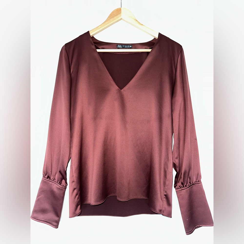 Zara Women's Brown Satin V-Neck Blouse